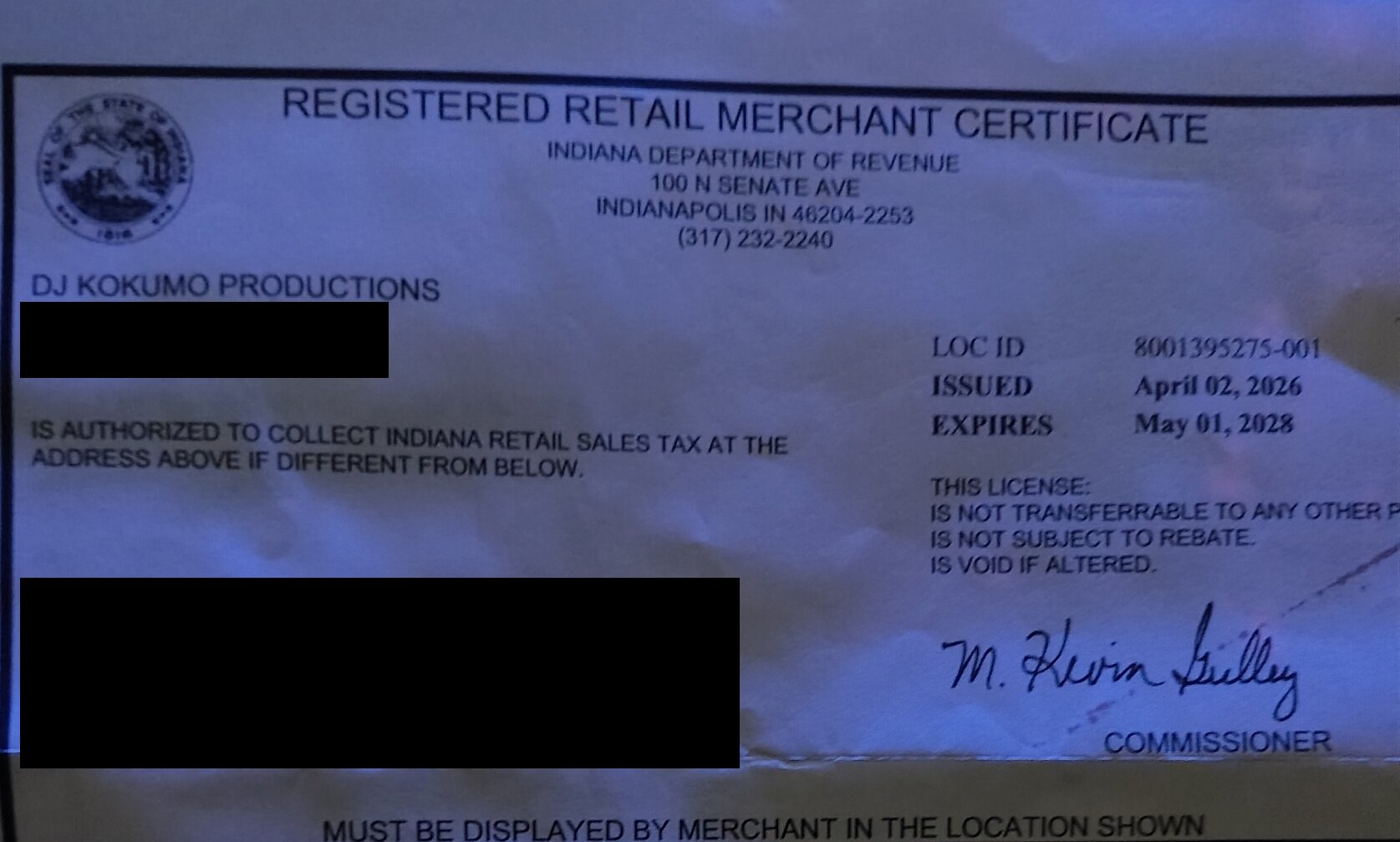 Indiana Department of Revenue Registered Retail Merchant Certificate issued to DJ Kokumo Productions